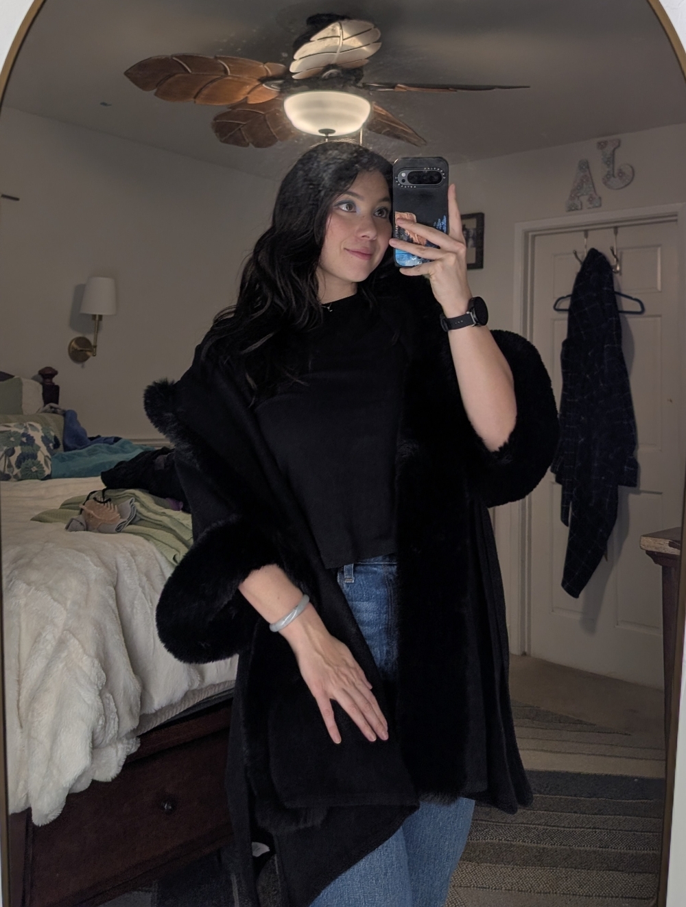 *MOVING SALE* Rachel Zoe Black Faux Fur-Trim Open-Front Poncho